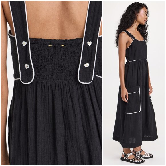 Kerri Rosenthal Emma Maxi Dress black S small Gauze smocked pockets apron - Picture 3 of 10